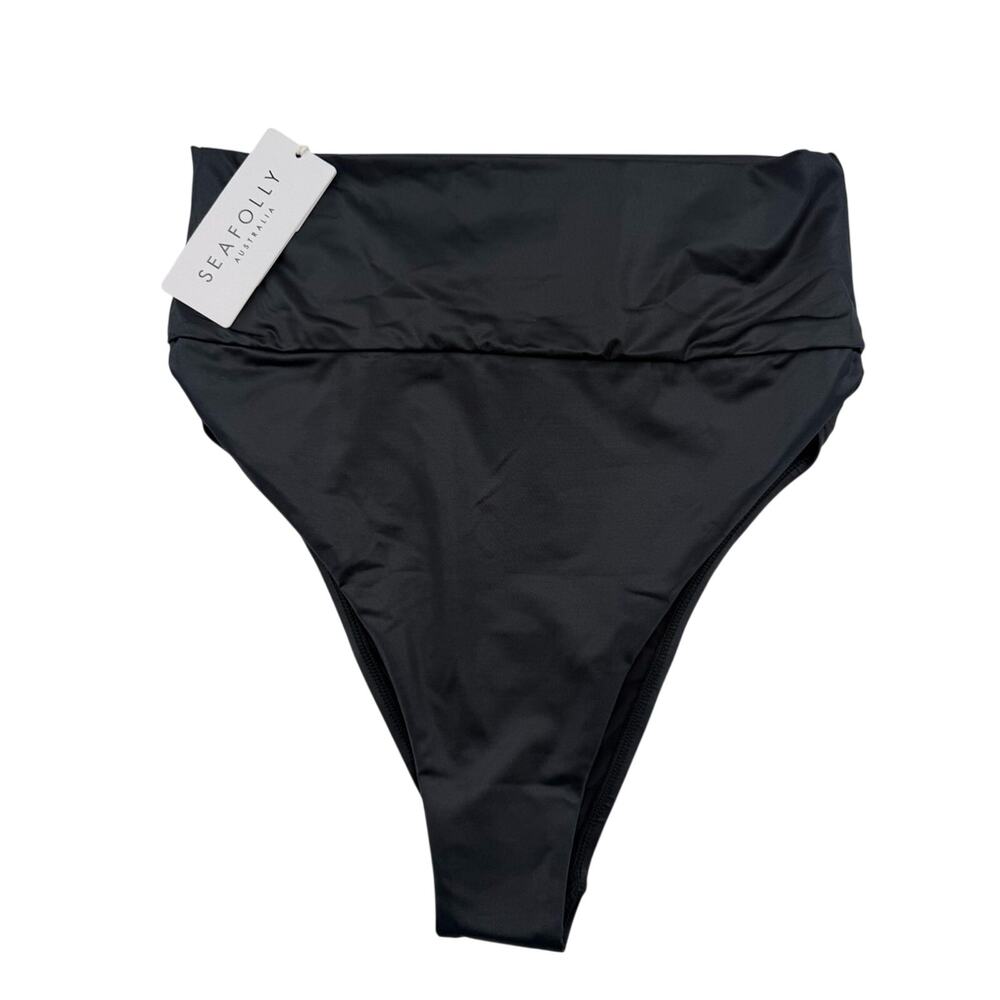 NWT Seafolly Roll Top High Waisted Bikini Bottom Black Wet Look Faux Leather 8 - Picture 6 of 16